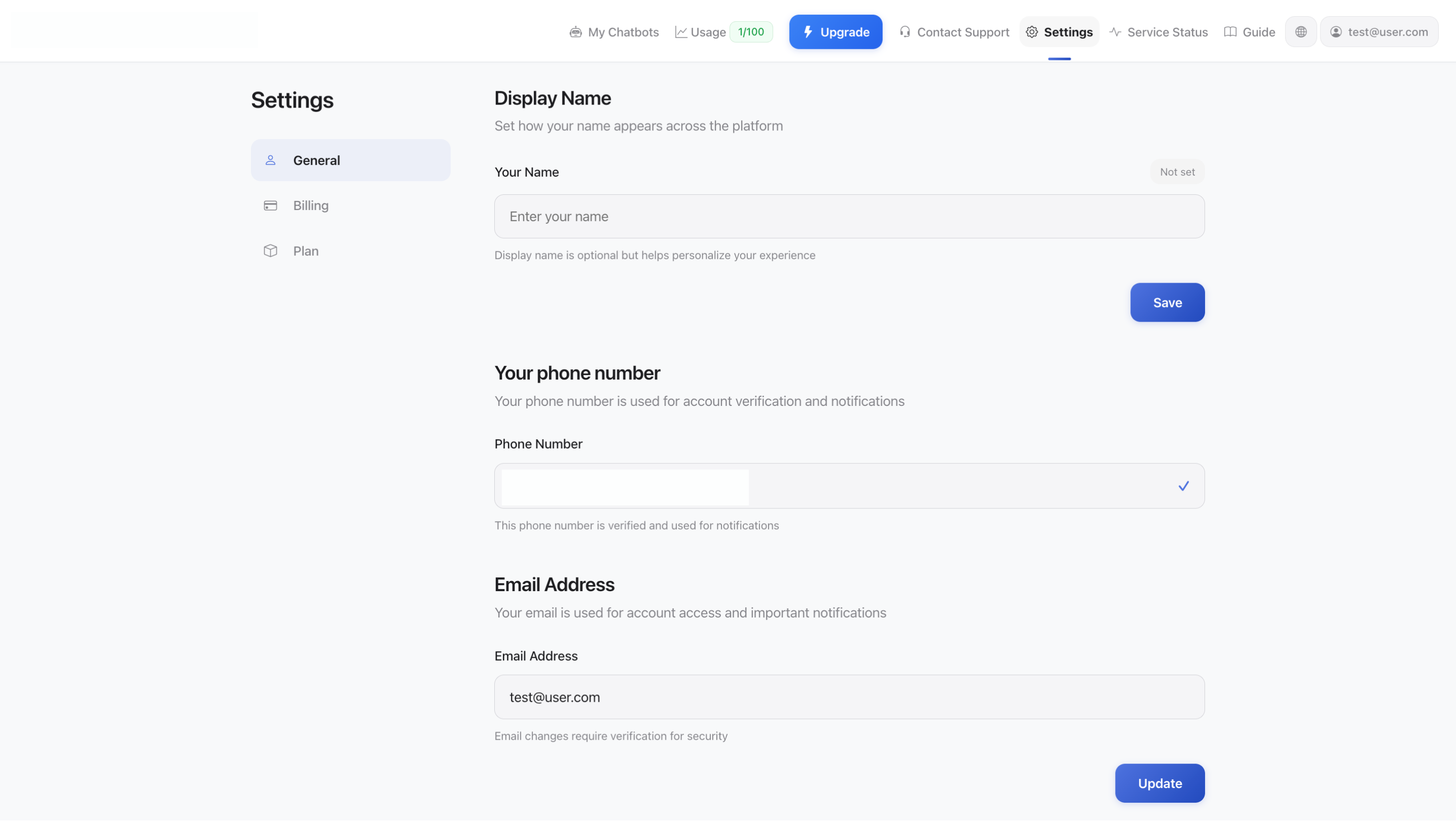 Paramètres du compte - Général