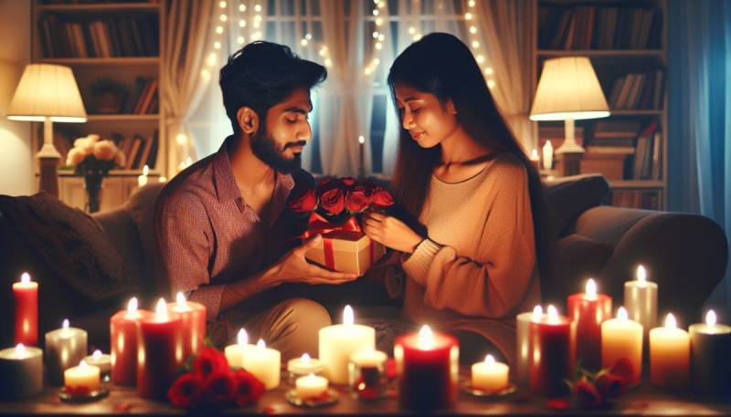 Un couple échangeant des cadeaux pour la Saint-Valentin entouré d'une déco romantique